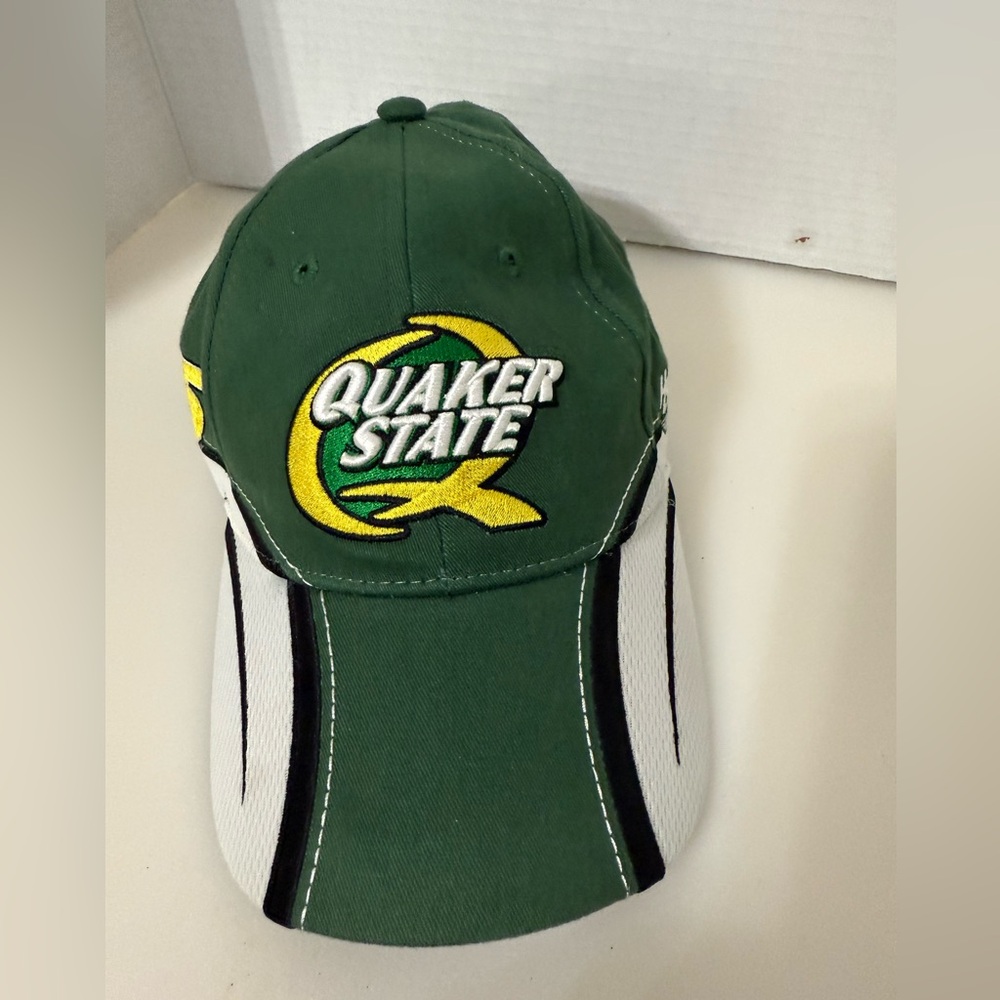 Mens Quaker State distressed green & white hat
